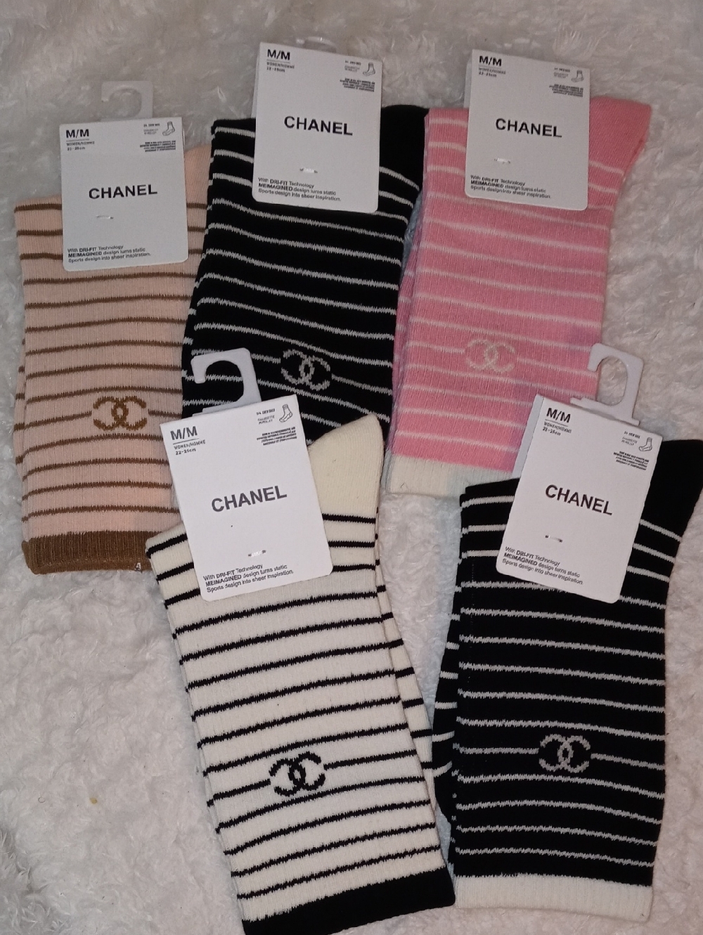 CHANEL Striped Logo Sock Set in Black, White, Pink, Beige and Tan